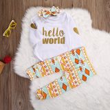 Newborn Baby Girls Top Rompers+Floral Pants Leggings Headband 3pcs Outfits Set (0-3 Months, Golden Hello World) - Image 3