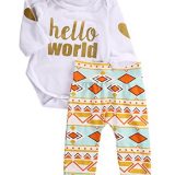 Newborn Baby Girls Top Rompers+Floral Pants Leggings Headband 3pcs Outfits Set (0-3 Months, Golden Hello World)